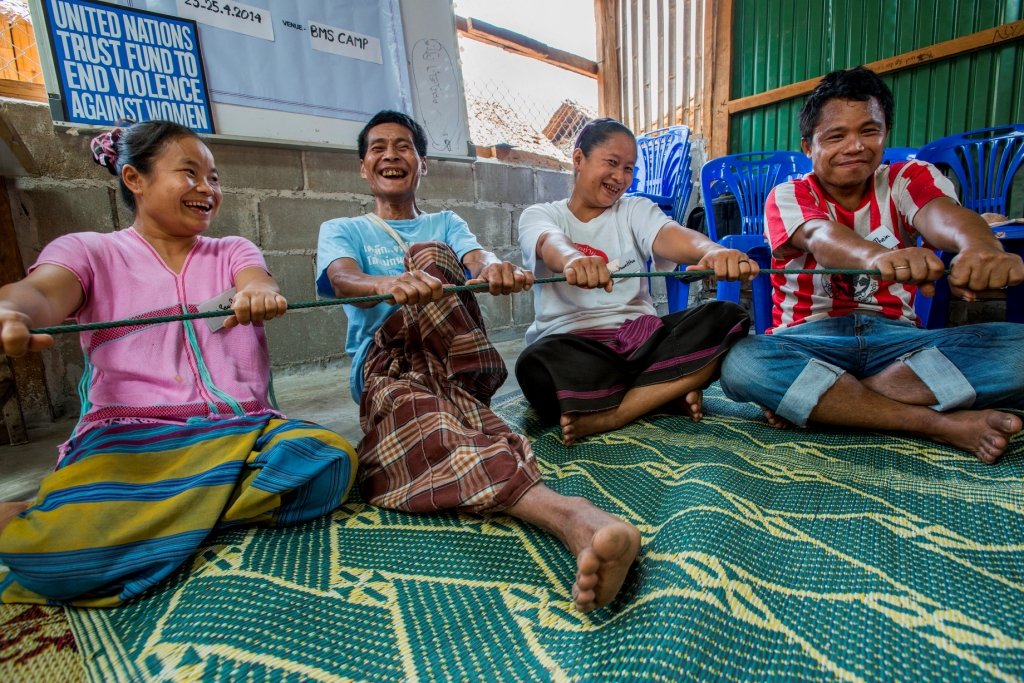 Refugee couples participate in a relationship building game during a session in the "Peaceful Families Initiative" run by IRC in Ban Mae Surin Refugee camp in Mae Hong Son province, Thailand