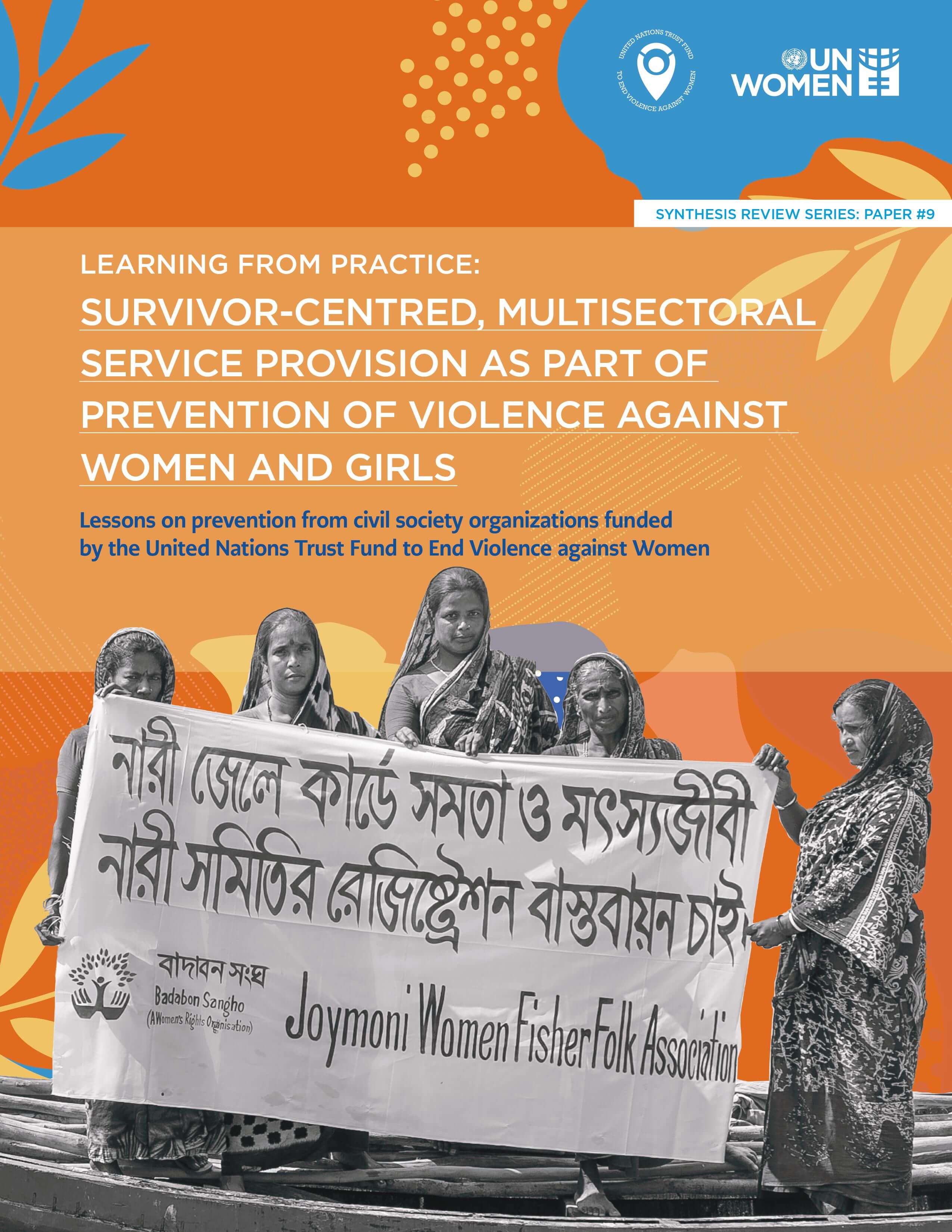 Cover image that reads survivor-centred multi sectoral service provision as part of prevention of violence against women and girls on an orange background with a black and white picture of women holding a sign