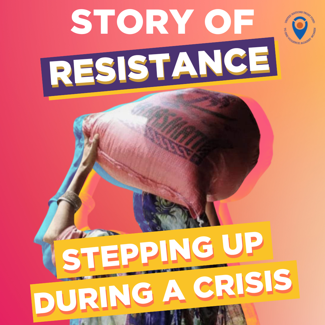 Woman seen from the back carrying a big pack of rice on her head, the visual reads Story of Resistance stepping up during a crisis