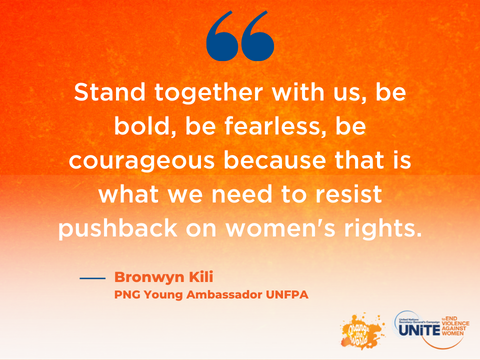 Quote card that reads “Stand together with us, be bold, be fearless, be courageous because that is what we need to resist pushback on women's rights.” (by Bronwyn Kili)