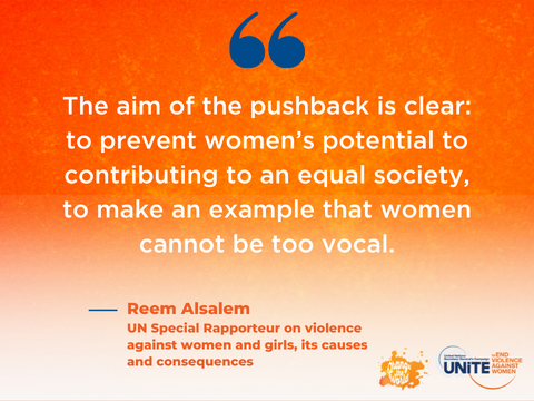 Quote card that reads “The aim of the pushback is clear: to prevent women’s potential to contributing to an equal society, to make an example that women cannot be too vocal “(by Reem Alsalem, UN Special Rapporteur on Violence against Women and Girls) 
