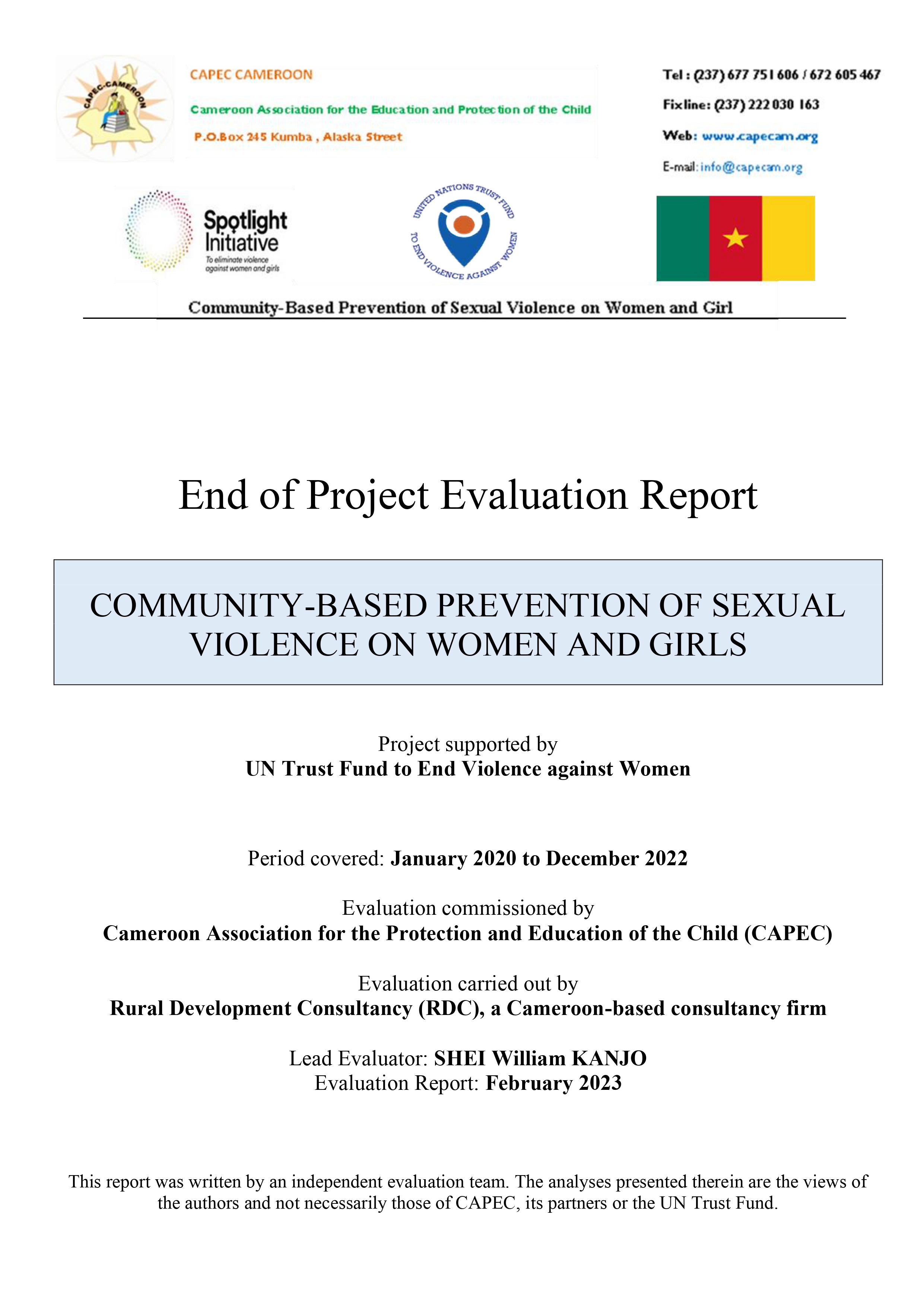 Final Evaluation: Community-based Prevention of Sexual Violence on Women and Girls (Cameroon) 