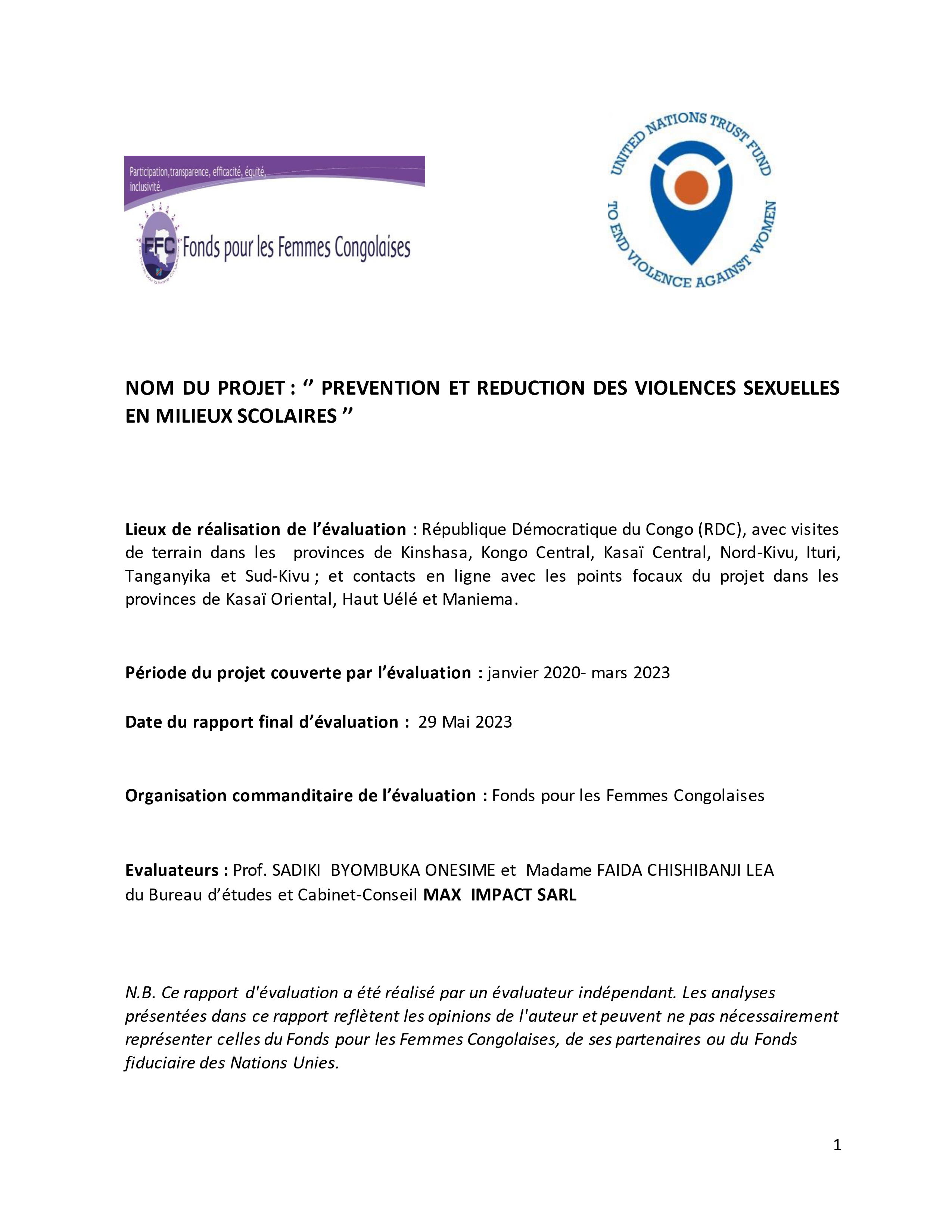 Final Evaluation: Prevention and Reduction of Violence in Schools  