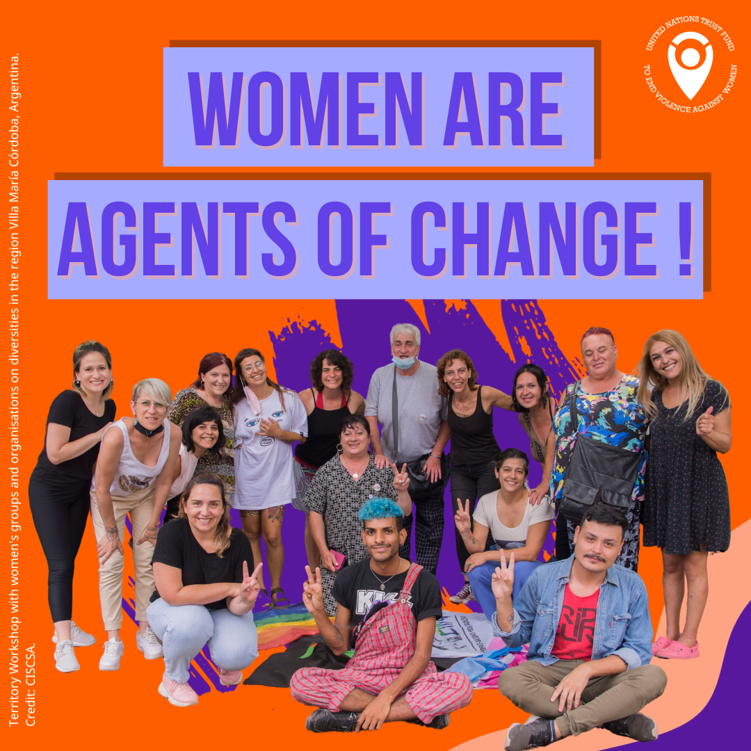 Women are agents of change! with a group photo cut out on a bright orange background