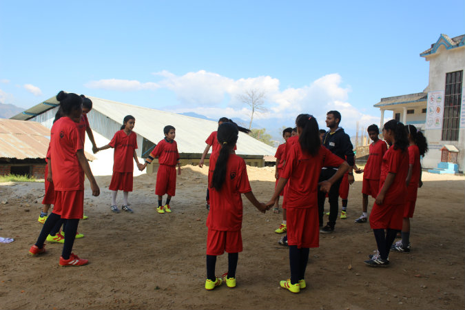 Students participate in a football and GBV coaching session in Nepal. Photo: Thaneshwar Gautam