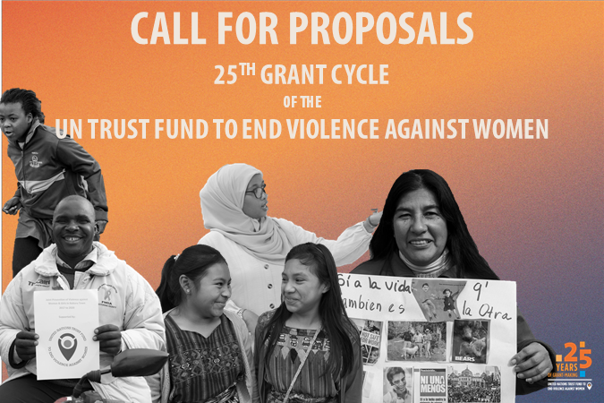 Call for Proposals poster includes community members benefiting from UN Trust Fund-supported projects, from left to right, a young woman running, a man holding a certificate with UN Trust Fund logo, two young girls, one woman speaking and one woman holding a sign