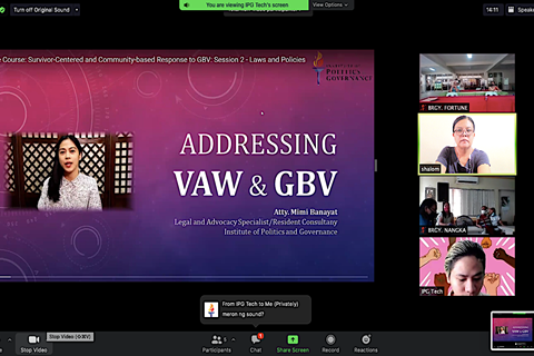 Zoom screenshot shows that IPG provides virtual training during COVID-19 on ending violence against women with local leaders.