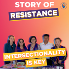 a group photo of representatives from UN Trust Fund grantee NCAV in Mongolia standing, with the words Story of resistance on top and "Intersectionality is Key" in the middle.